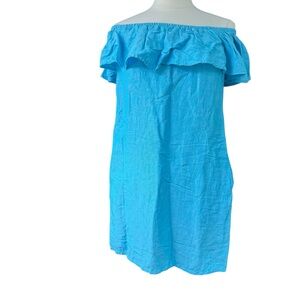 Tommy Bahama St. Lucia Linen Dress Women’s Sz XS Off  Shoulder Ruffle Shift Blue